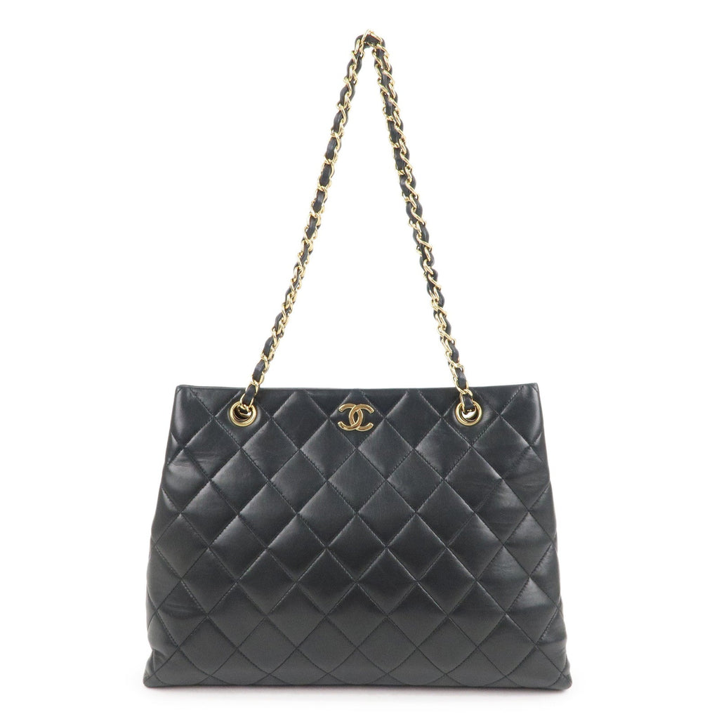 CHANEL Matelasse Lamb Skin Chain Tote Bag Black Gold HDW