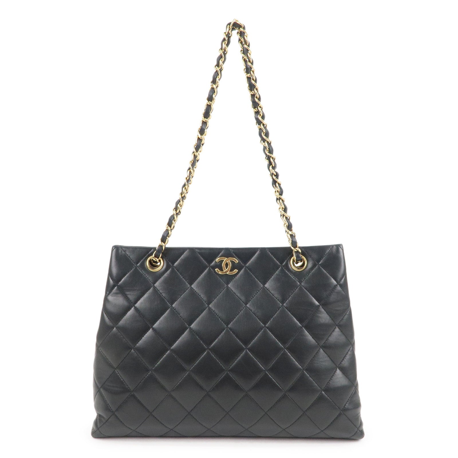 CHANEL Matelasse Lamb Skin Chain Tote Bag Black Gold HDW
