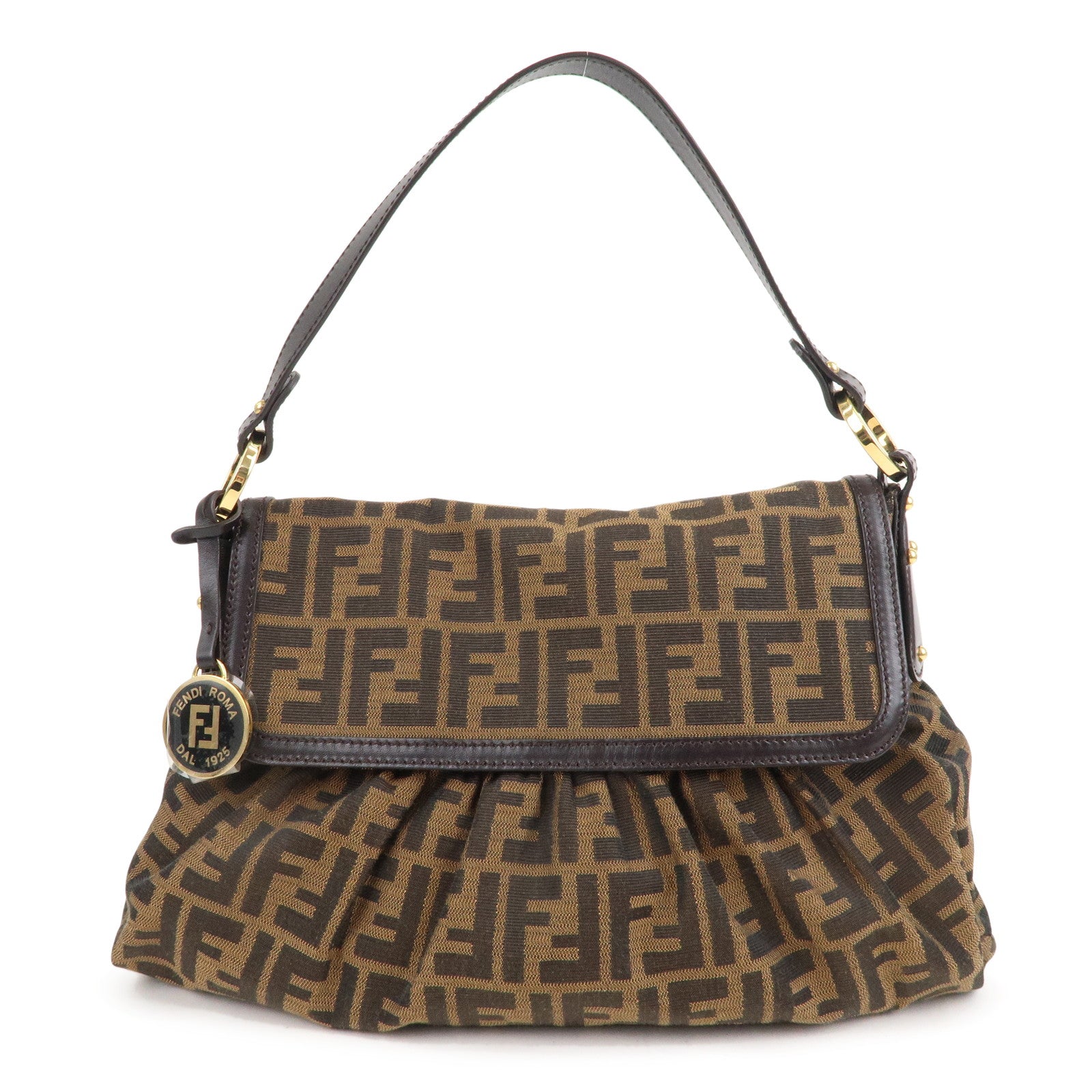 FENDI Zucca Canvas Leather Shoulder Bag Brown Black 8BR436