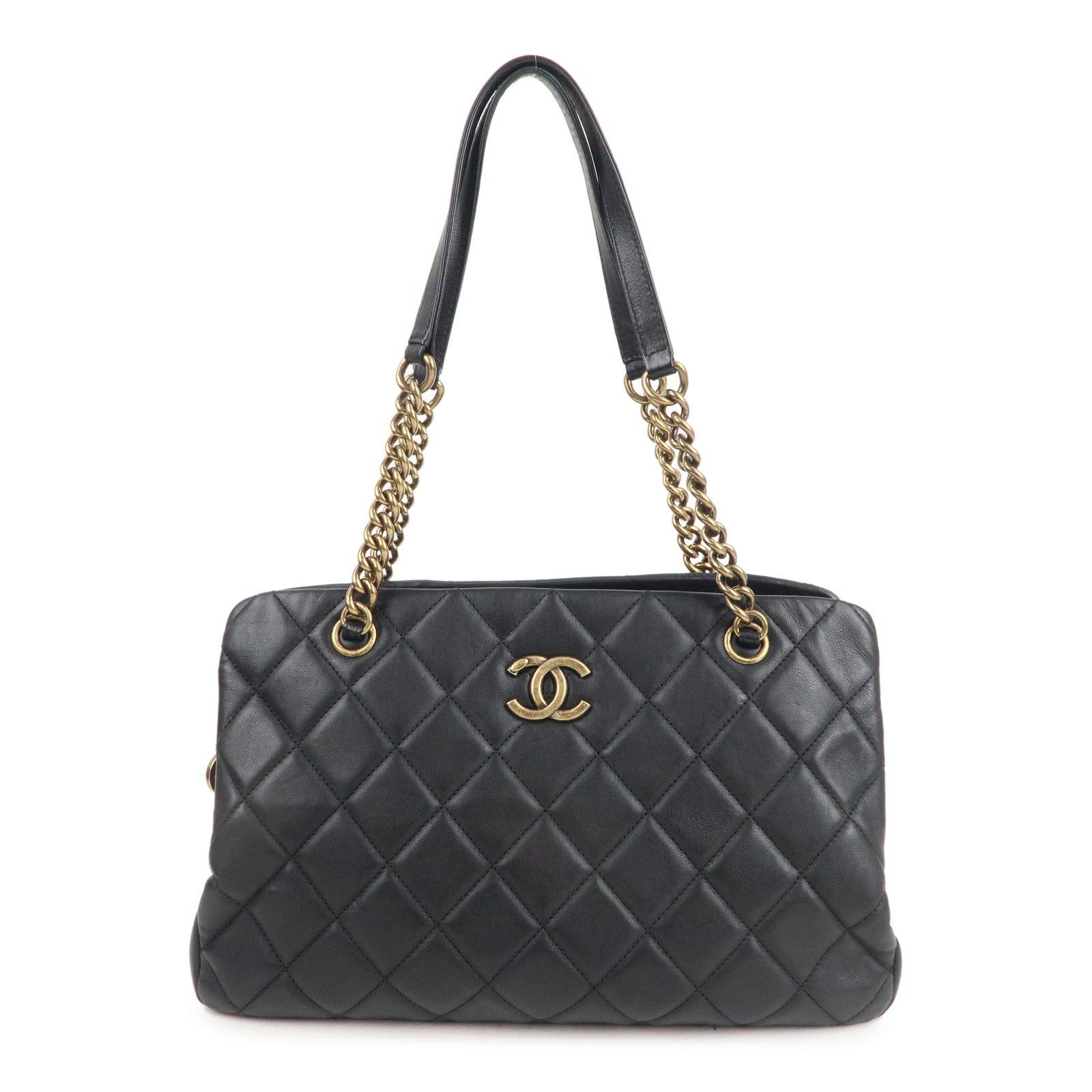 CHANEL Matelasse Lamb Skin Chain Shoulder Bag Black Bags Glimer Gold