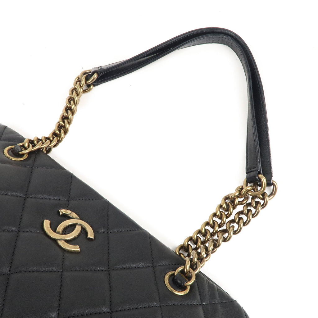 CHANEL Matelasse Lamb Skin Chain Shoulder Bag Black Bags Glimer Gold