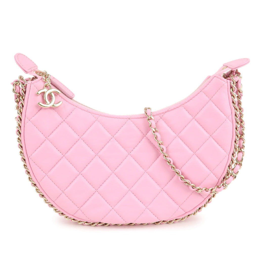 Auth CHANEL Matelasse Lamb Skin Small Hobo Shoulder Bag Pink AS3917 Used F/S