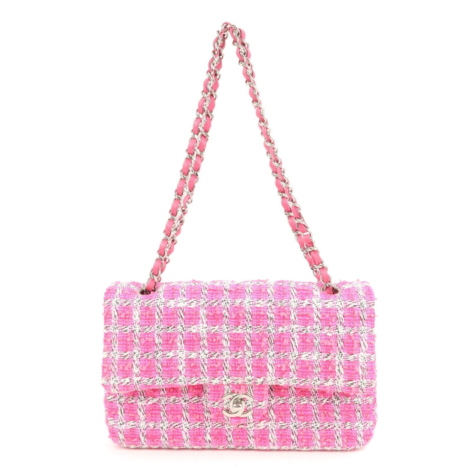 CHANEL Matelasse 25 Tweed Leather Chain W Flap Shoulder Bag Pink