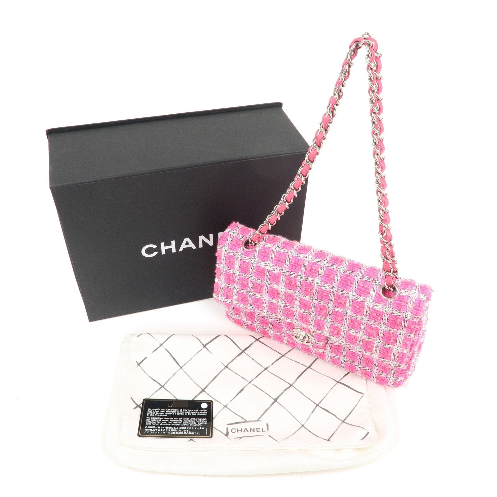 CHANEL Matelasse 25 Tweed Leather Chain W Flap Shoulder Bag Pink