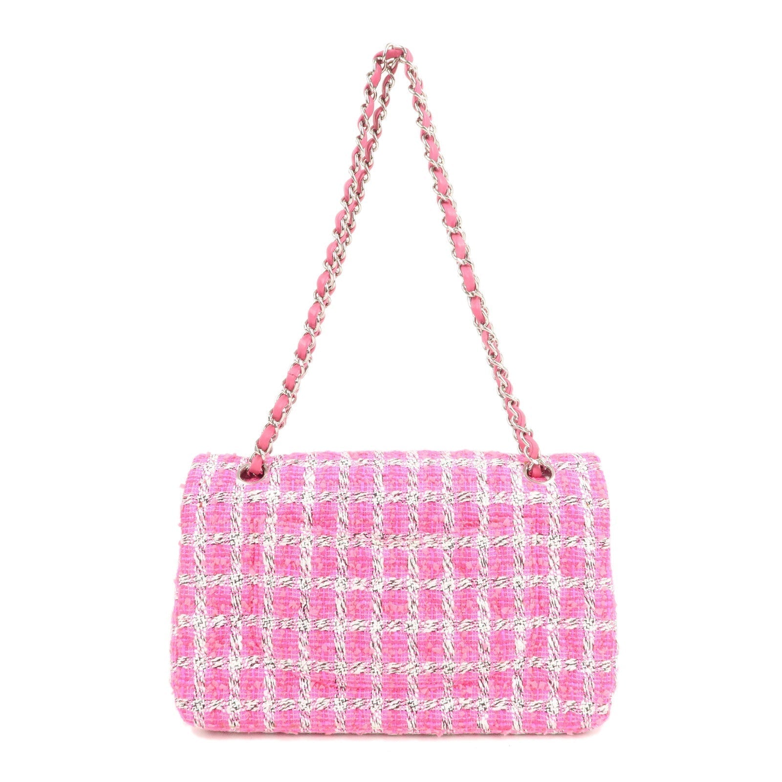 CHANEL Matelasse 25 Tweed Leather Chain W Flap Shoulder Bag Pink