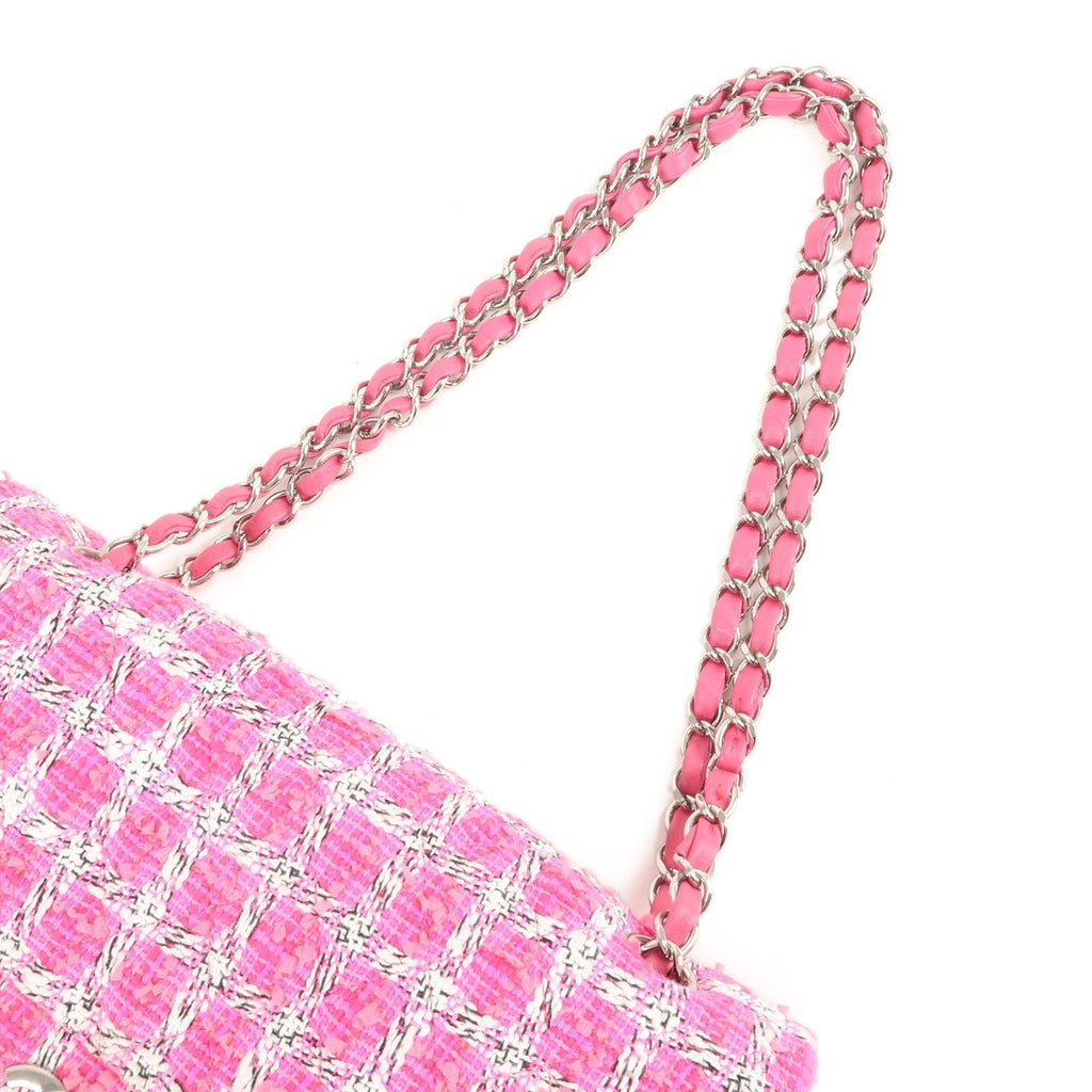 CHANEL Matelasse 25 Tweed Leather Chain W Flap Shoulder Bag Pink