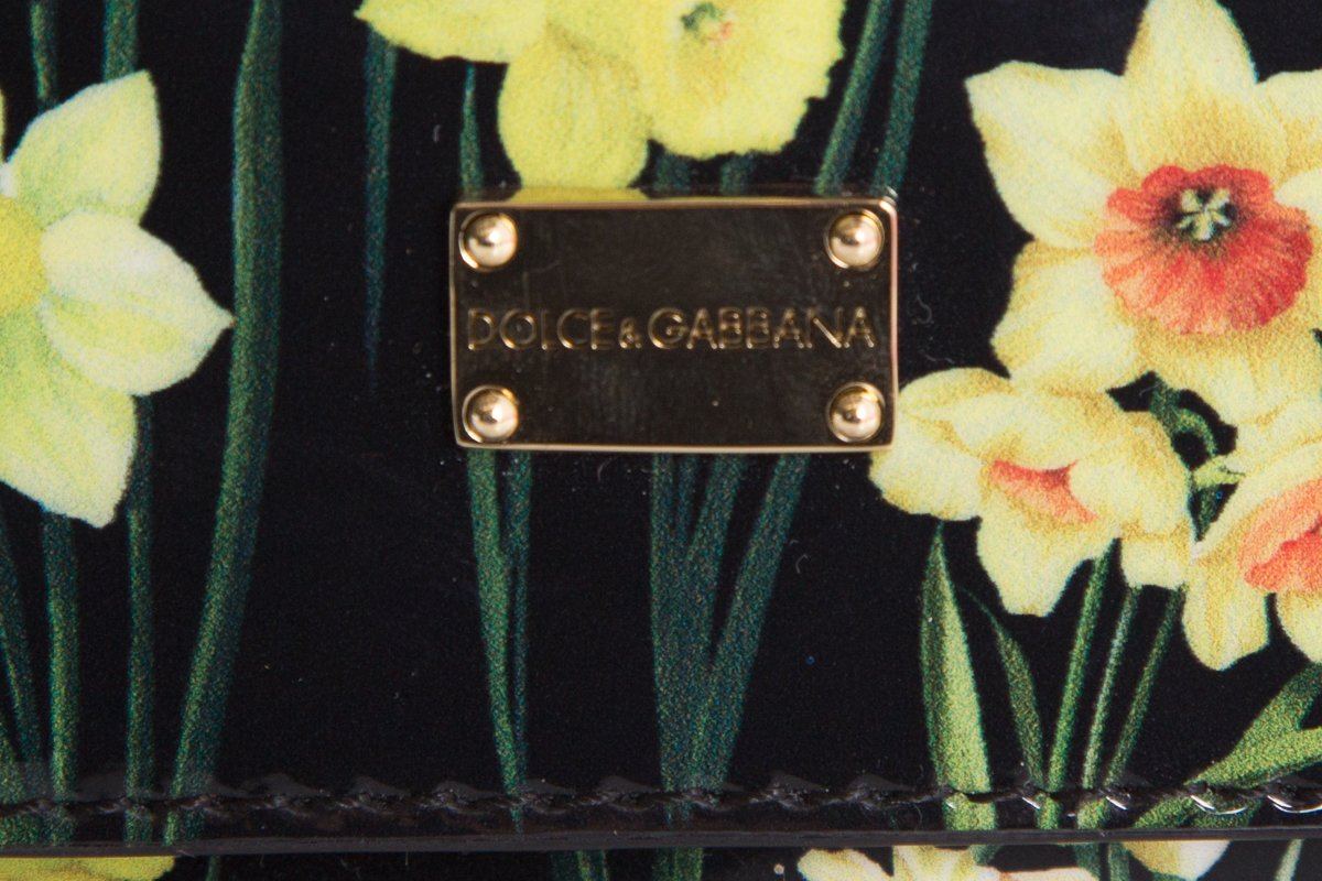 Dolce & Gabbana Black & Yellow Patent Leather Floral Motif Crossbody Bag