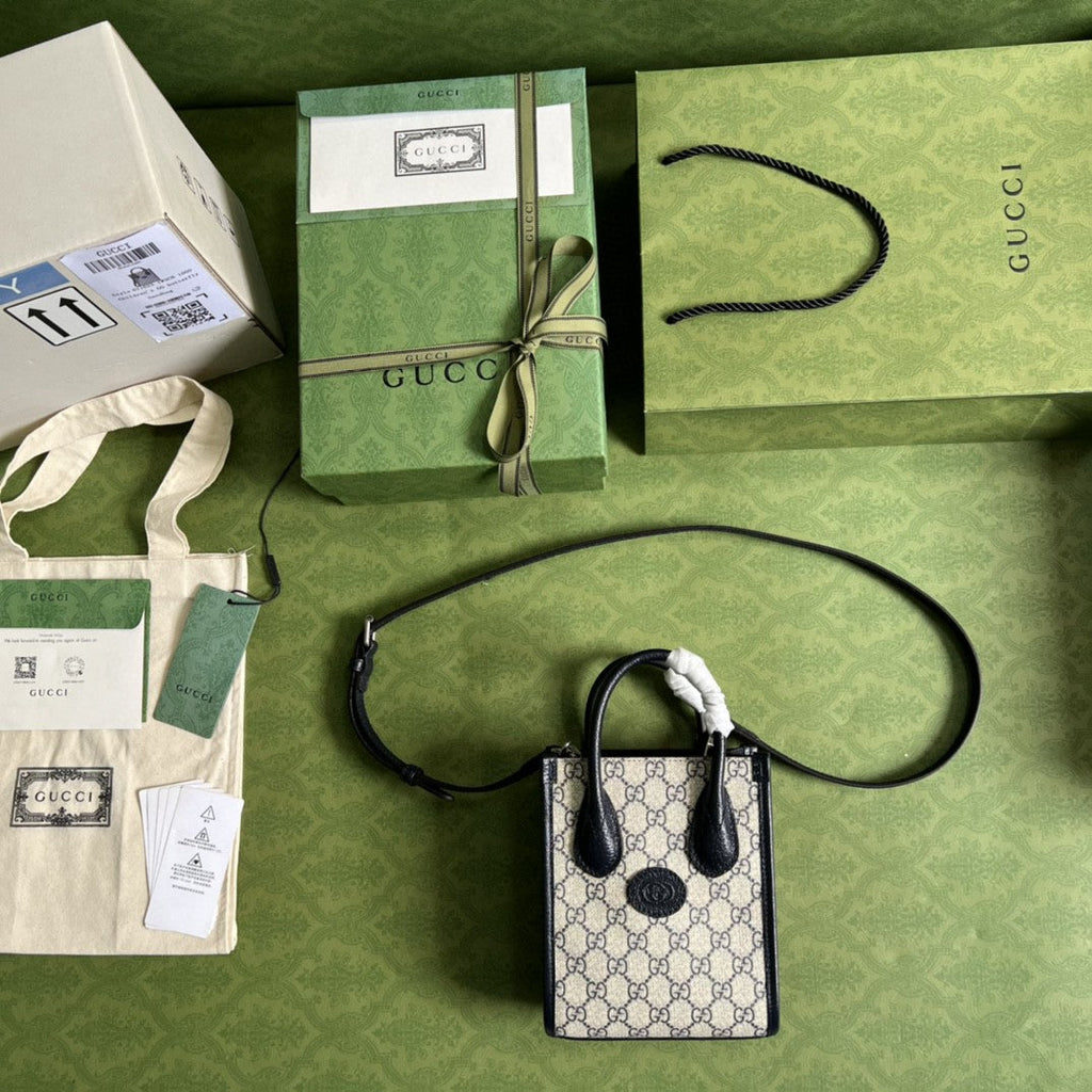 gg Mini Tote Bag With Interlocking G Beige And Blue gg Supreme Canvas For Women 7.8in/20cm 671623 K9GSN 4075