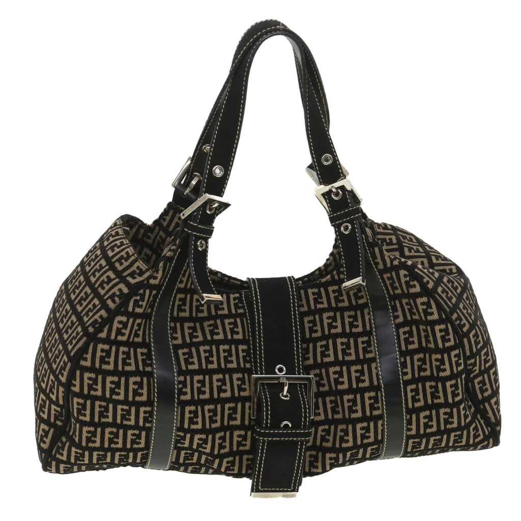 FENDI Zucchino Canvas Shoulder Bag Black Beige 37856