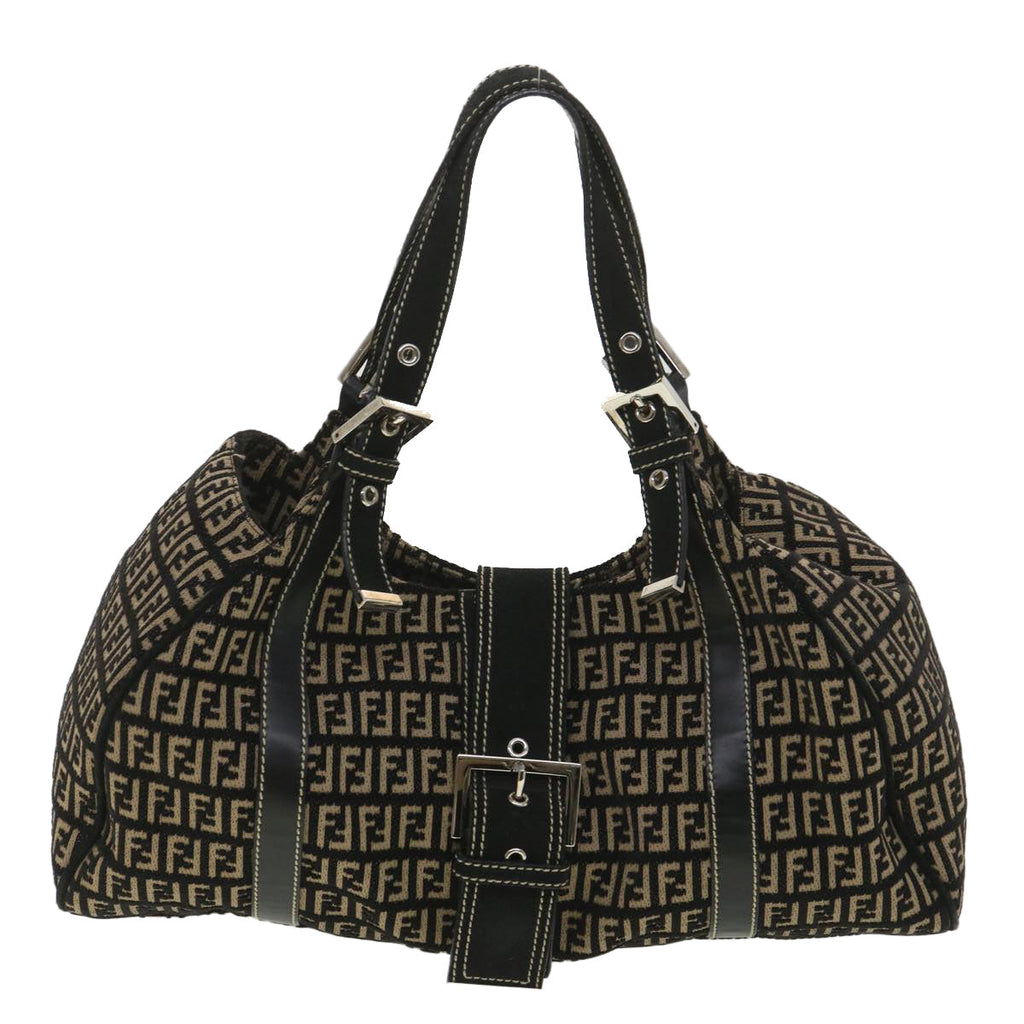 FENDI Zucchino Canvas Shoulder Bag Black Beige 37856