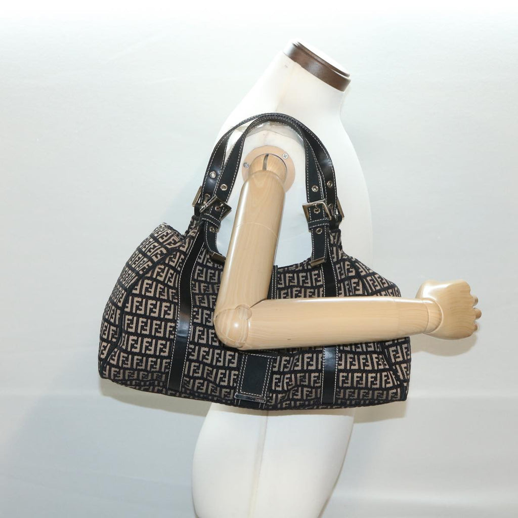 FENDI Zucchino Canvas Shoulder Bag Black Beige 37856