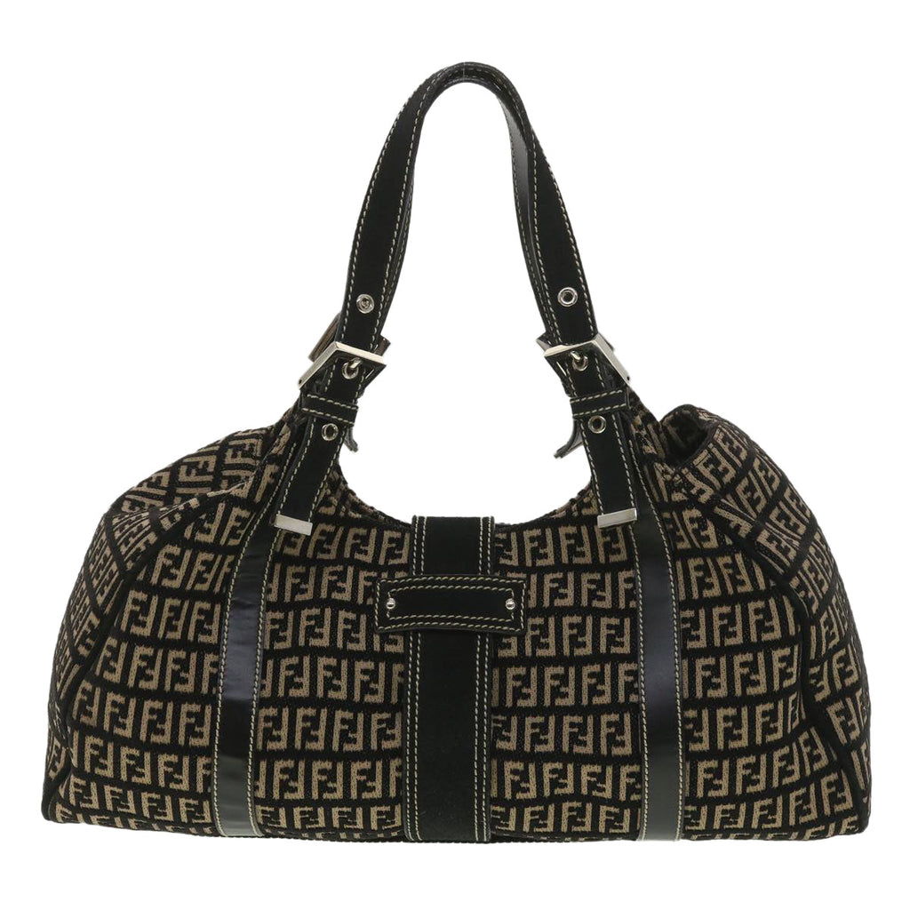 FENDI Zucchino Canvas Shoulder Bag Black Beige 37856