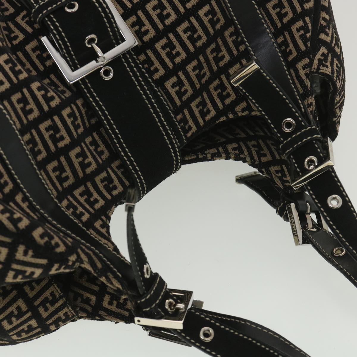 FENDI Zucchino Canvas Shoulder Bag Black Beige 37856