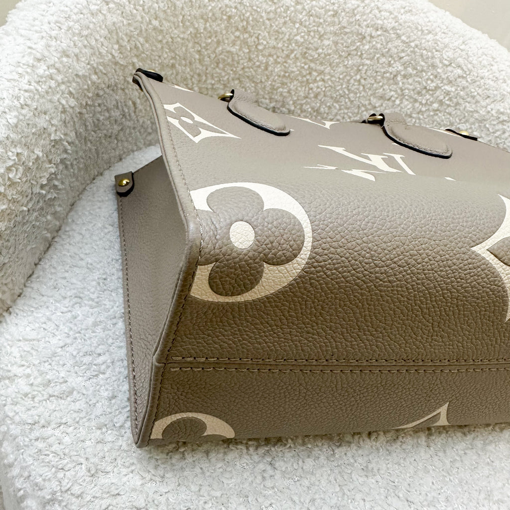 LV Onthego PM in Tourterelle (Grey) / Creme Giant Monogram Empreinte Leather and GHW