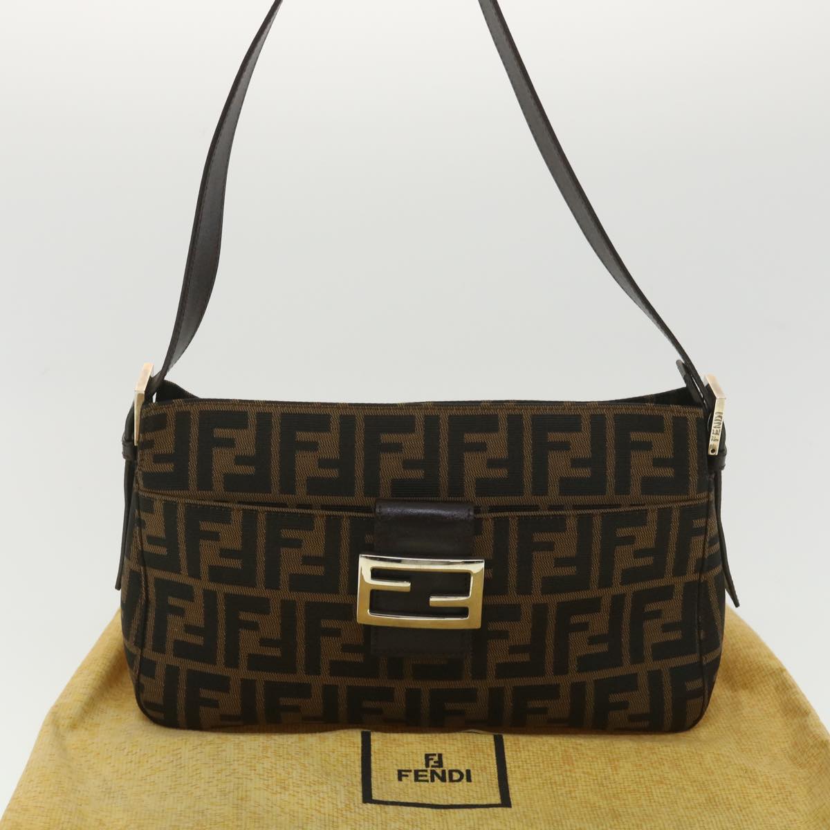 FENDI Zucca Canvas Mamma Baguette Shoulder Bag Black Brown 222826566 38013