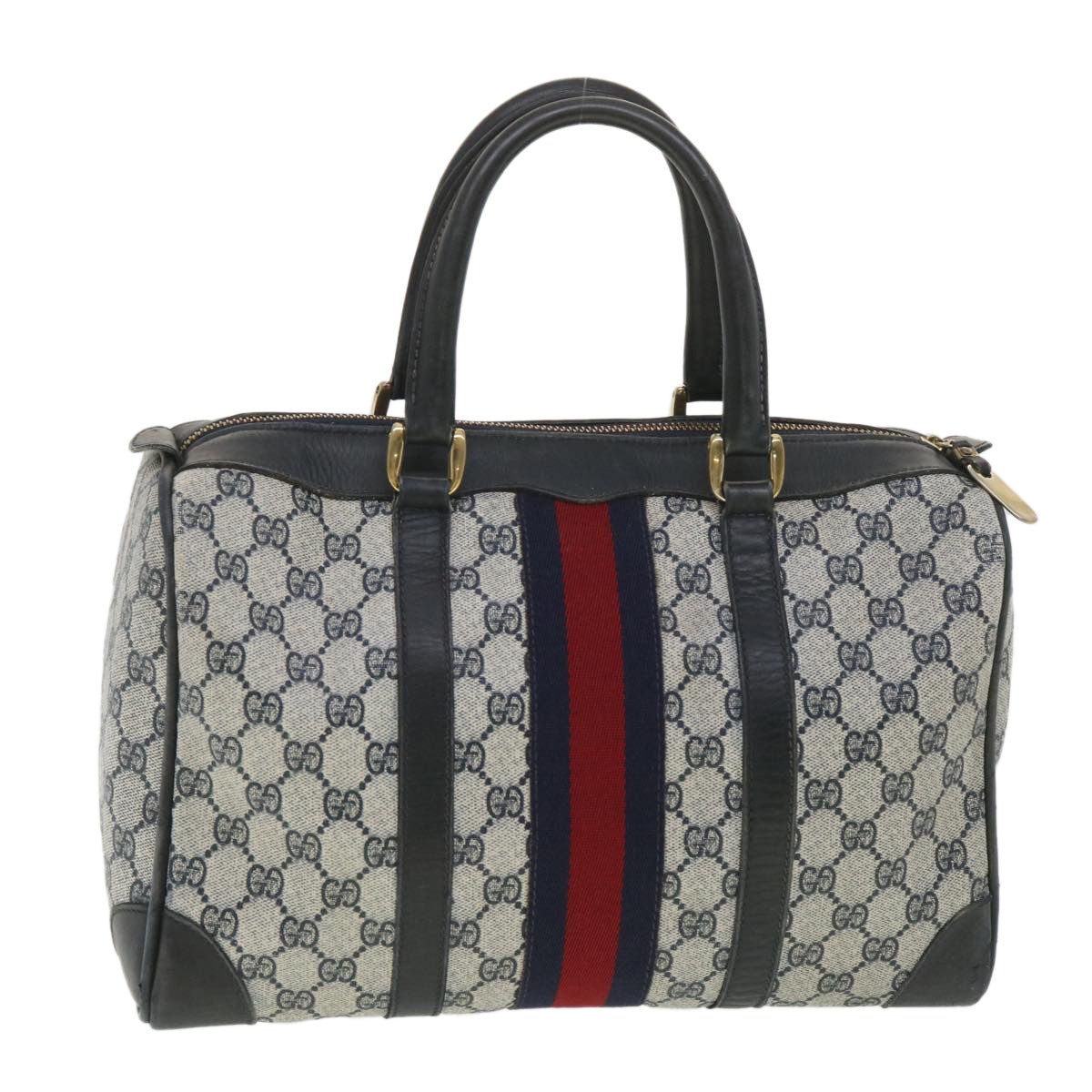 GUCCI GG Canvas Sherry Line Boston Bag PVC Leather Gray Red Navy 38098