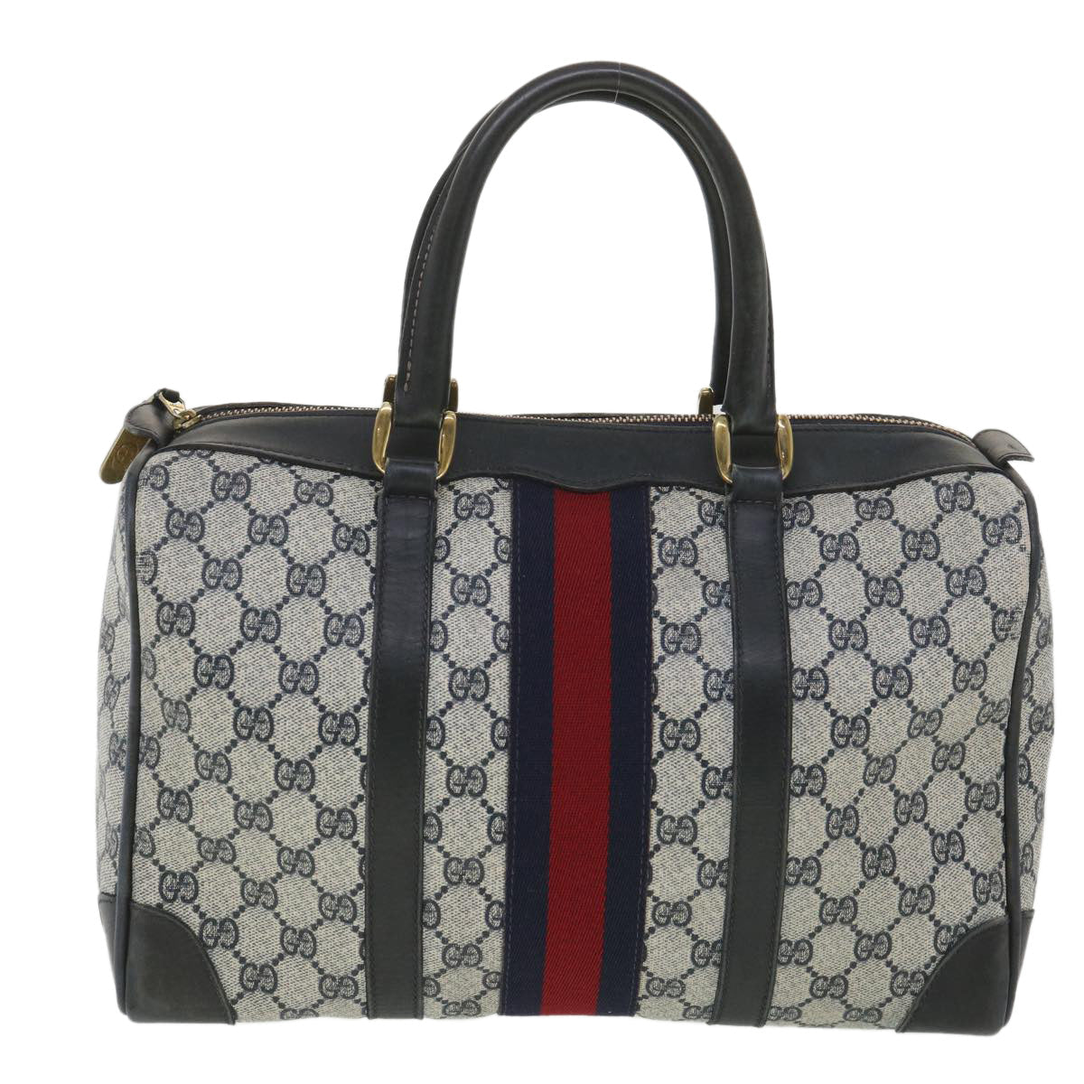 GUCCI GG Canvas Sherry Line Boston Bag PVC Leather Gray Red Navy 38098