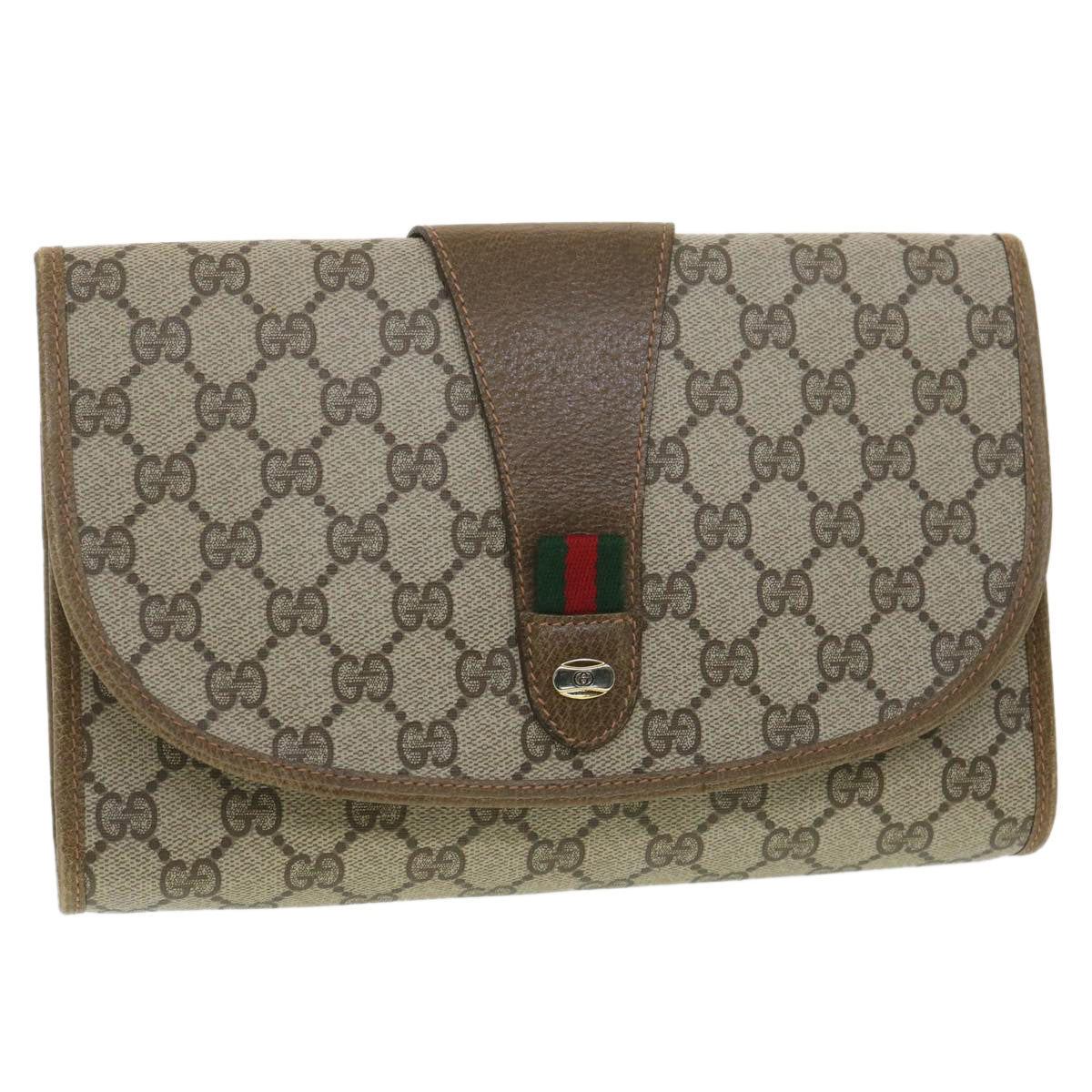 GUCCI GG Canvas Web Sherry Line Clutch Bag Beige Red Green 89.01.030 38392