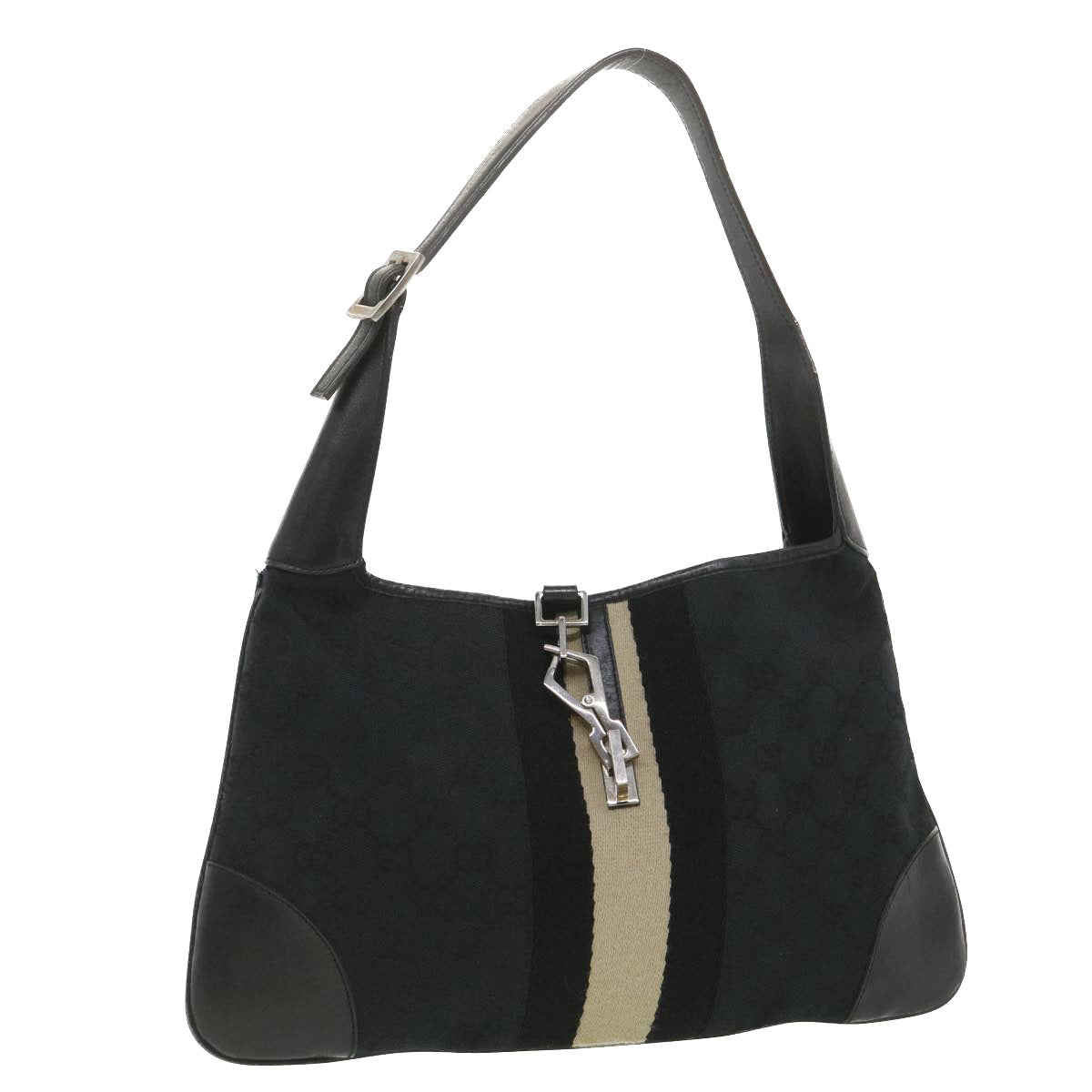 GUCCI GG Canvas Sherry Line Jackie Shoulder Bag Black Beige 4057 38433