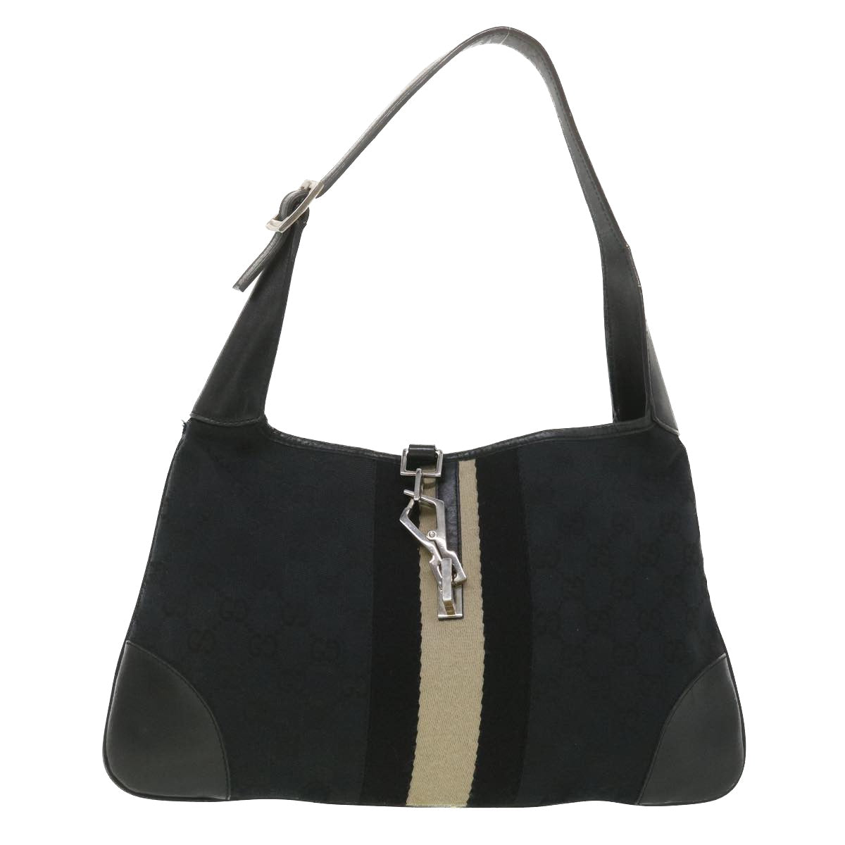 GUCCI GG Canvas Sherry Line Jackie Shoulder Bag Black Beige 4057 38433