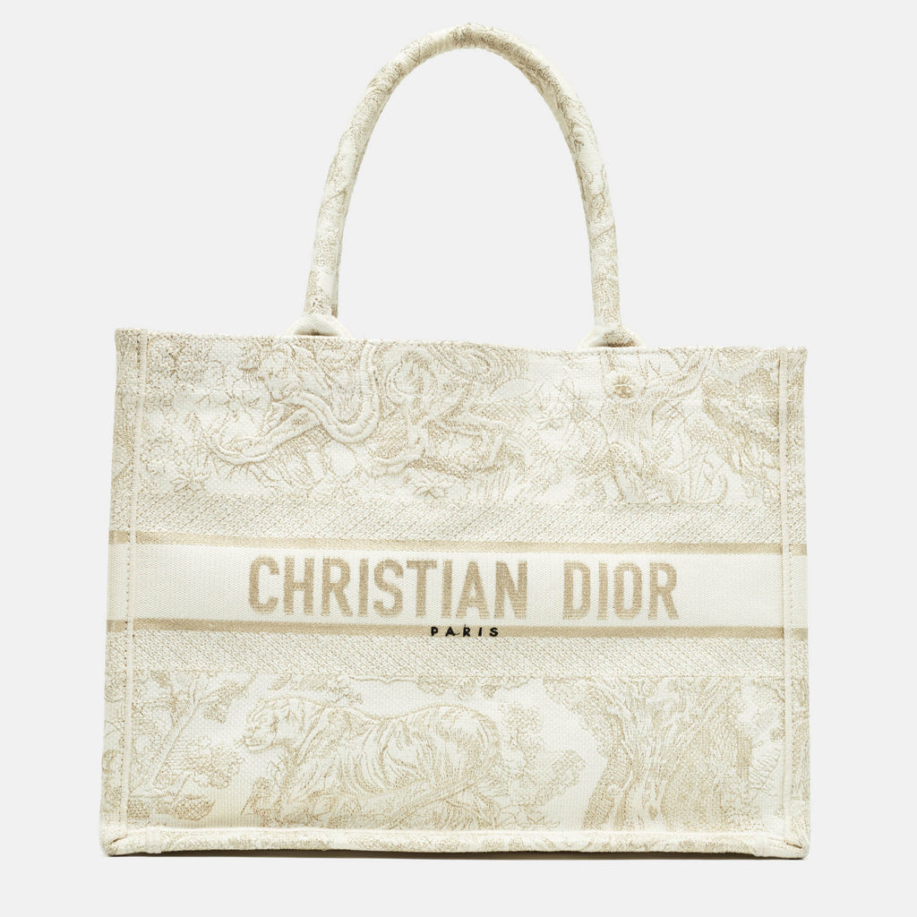 Dior /white Toile De Jouy Embroidered Canvas Medium Book Tote