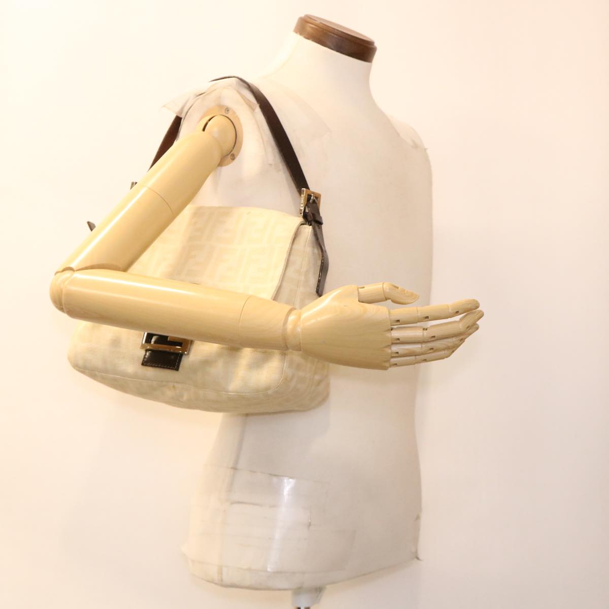 FENDI Zucca Canvas Mamma Baguette Shoulder Bag Cream 2119 26325 009 38788