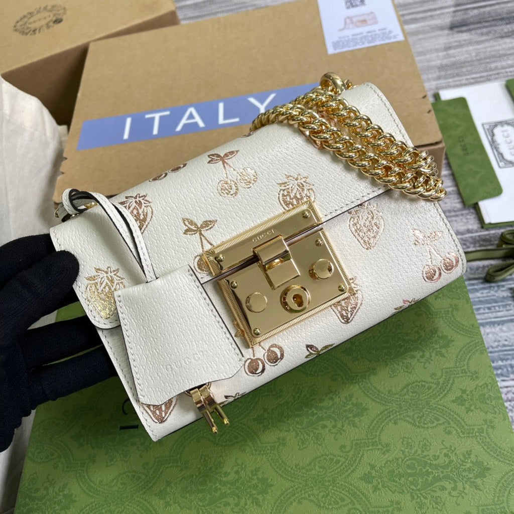 gg Padlock Small gg Strawberry Shoulder Bag White For Women, Women’s Bags 7.9in/20cm gg
