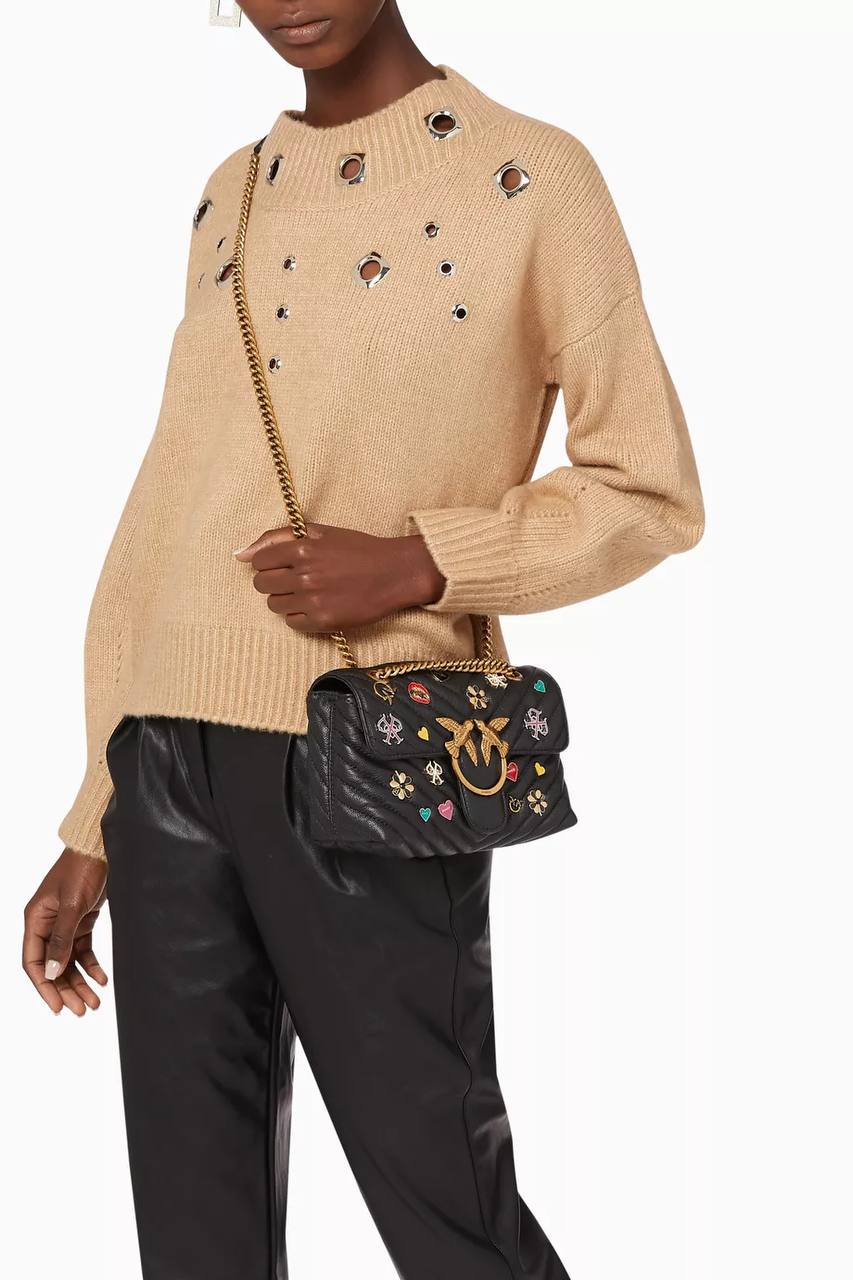 Pinko Mini Love Brooches Quilted Bag in Leather