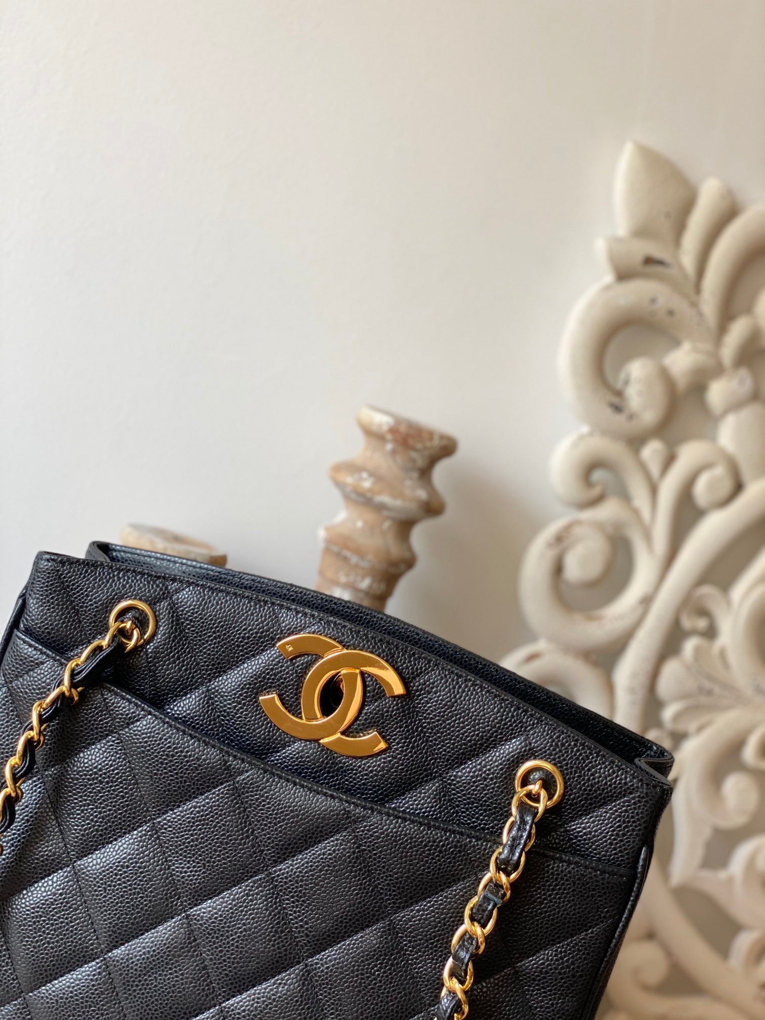 CHLVintage Black Large Quilted Caviar Tote Bag For Women 28cm/11in