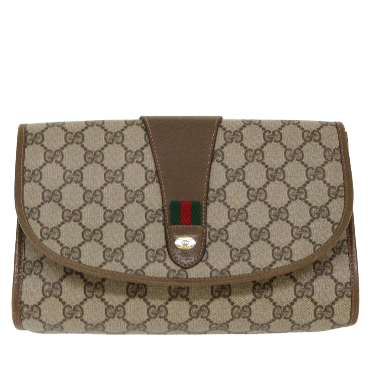 GUCCI Web Sherry Line GG Canvas Clutch Bag PVC Leather Beige Green 39026