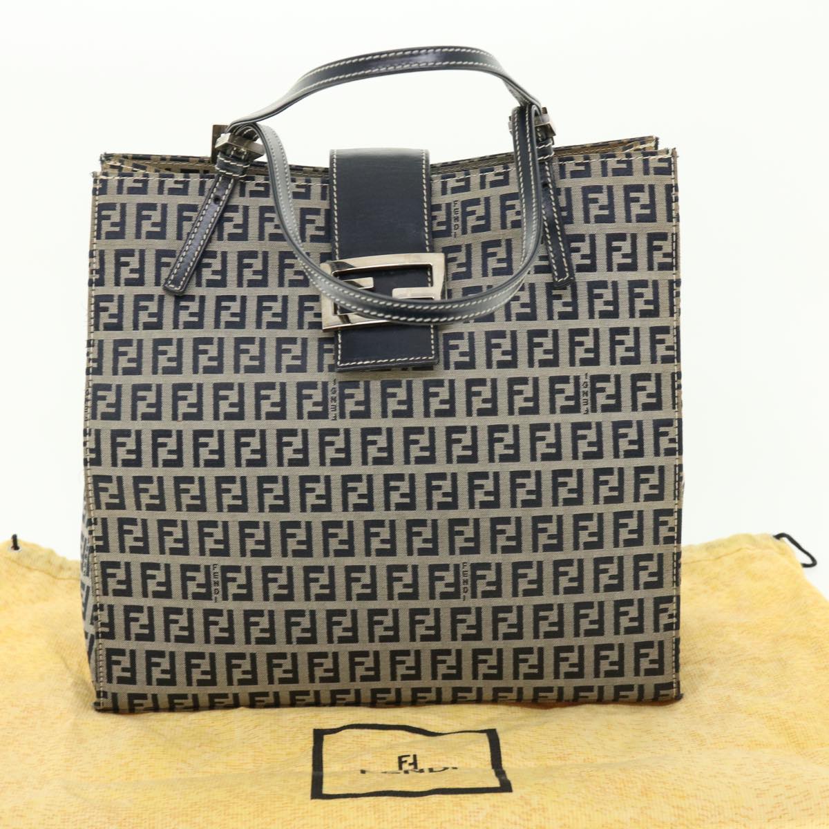 FENDI Zucchino Canvas Mamma Baguette Shoulder Bag Navy 39439
