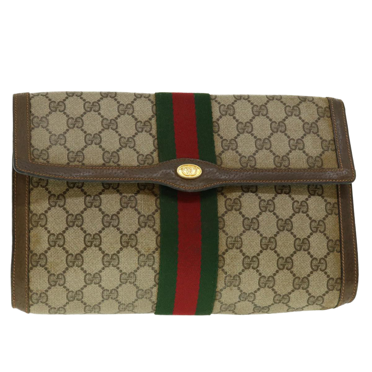 GUCCI GG Canvas Web Sherry Line Clutch Bag Beige Red Green 89.01.007 39747