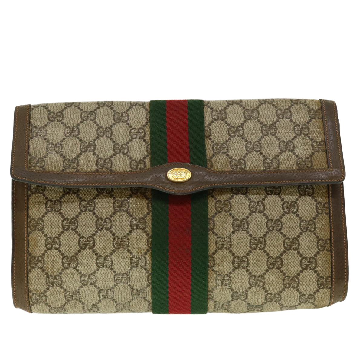 GUCCI GG Canvas Web Sherry Line Clutch Bag Beige Red Green 89.01.007 39747