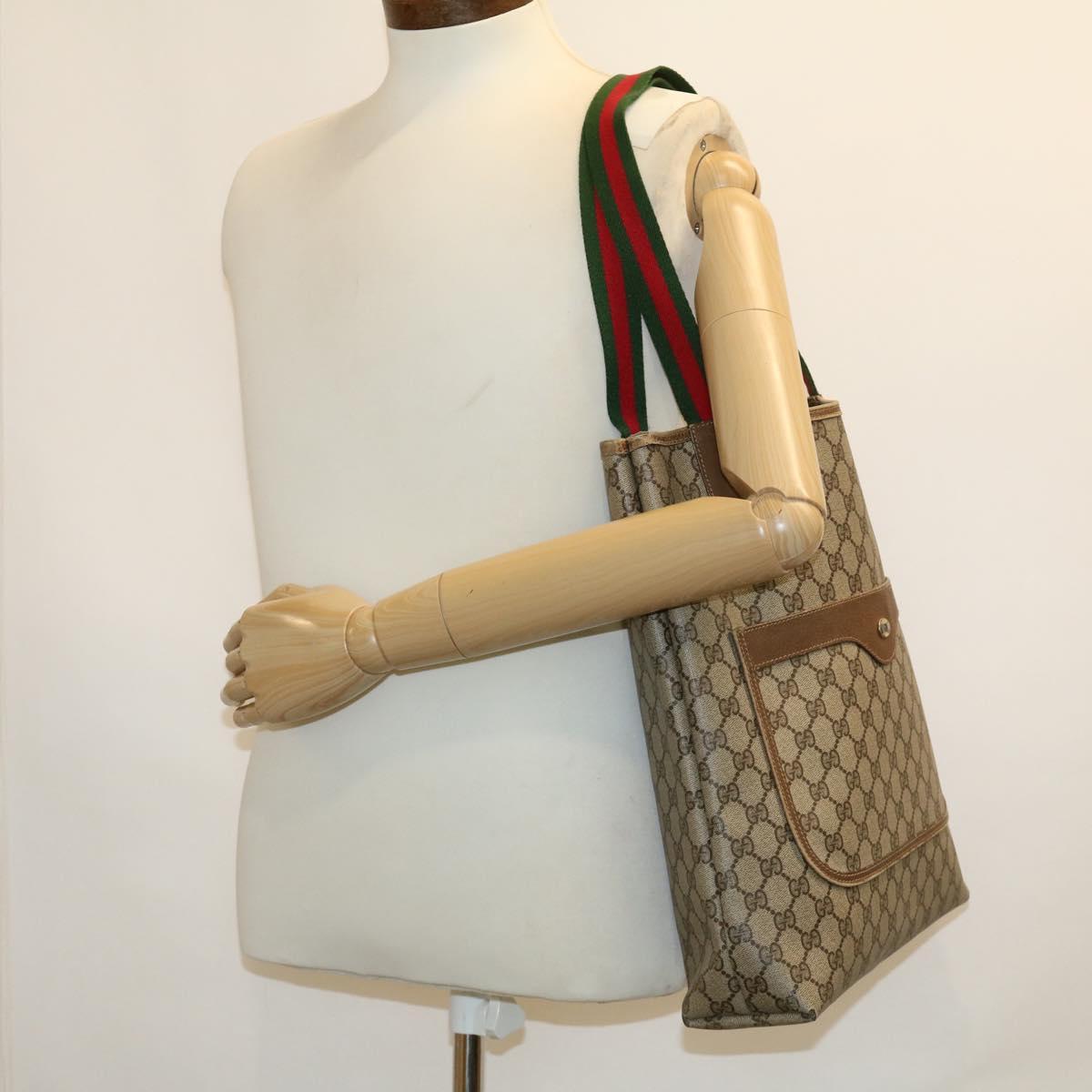 GUCCI GG Canvas Web Sherry Line Tote Bag Beige Red Green 120.02.003 39772