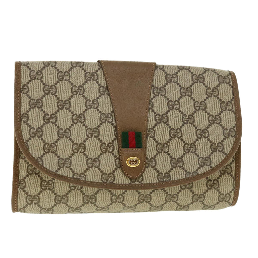 GUCCI Web Sherry Line GG Canvas Clutch Bag PVC Leather Beige Green 39950
