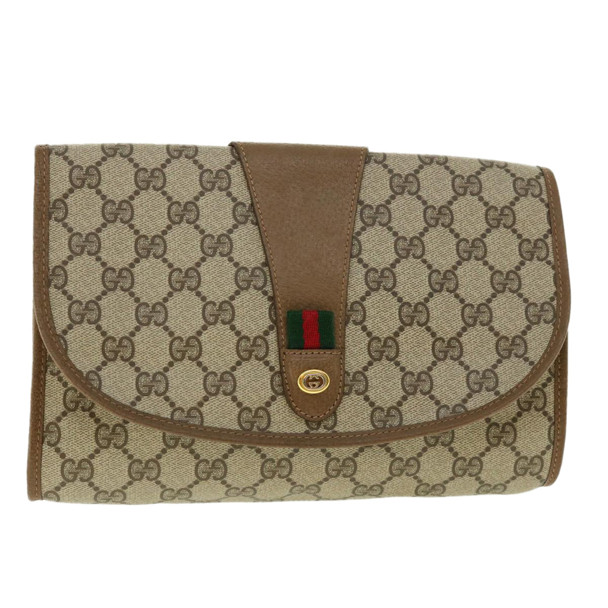 GUCCI Web Sherry Line GG Canvas Clutch Bag PVC Leather Beige Green 39950