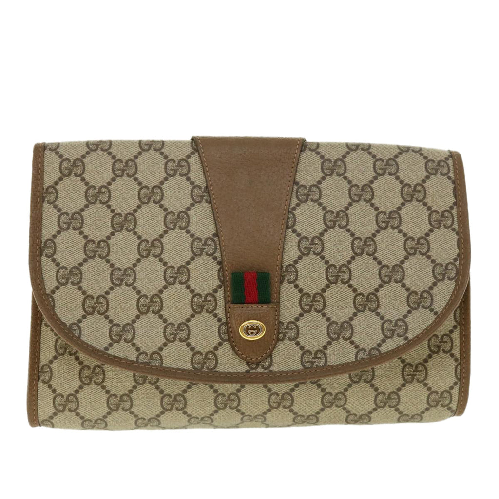 GUCCI Web Sherry Line GG Canvas Clutch Bag PVC Leather Beige Green 39950