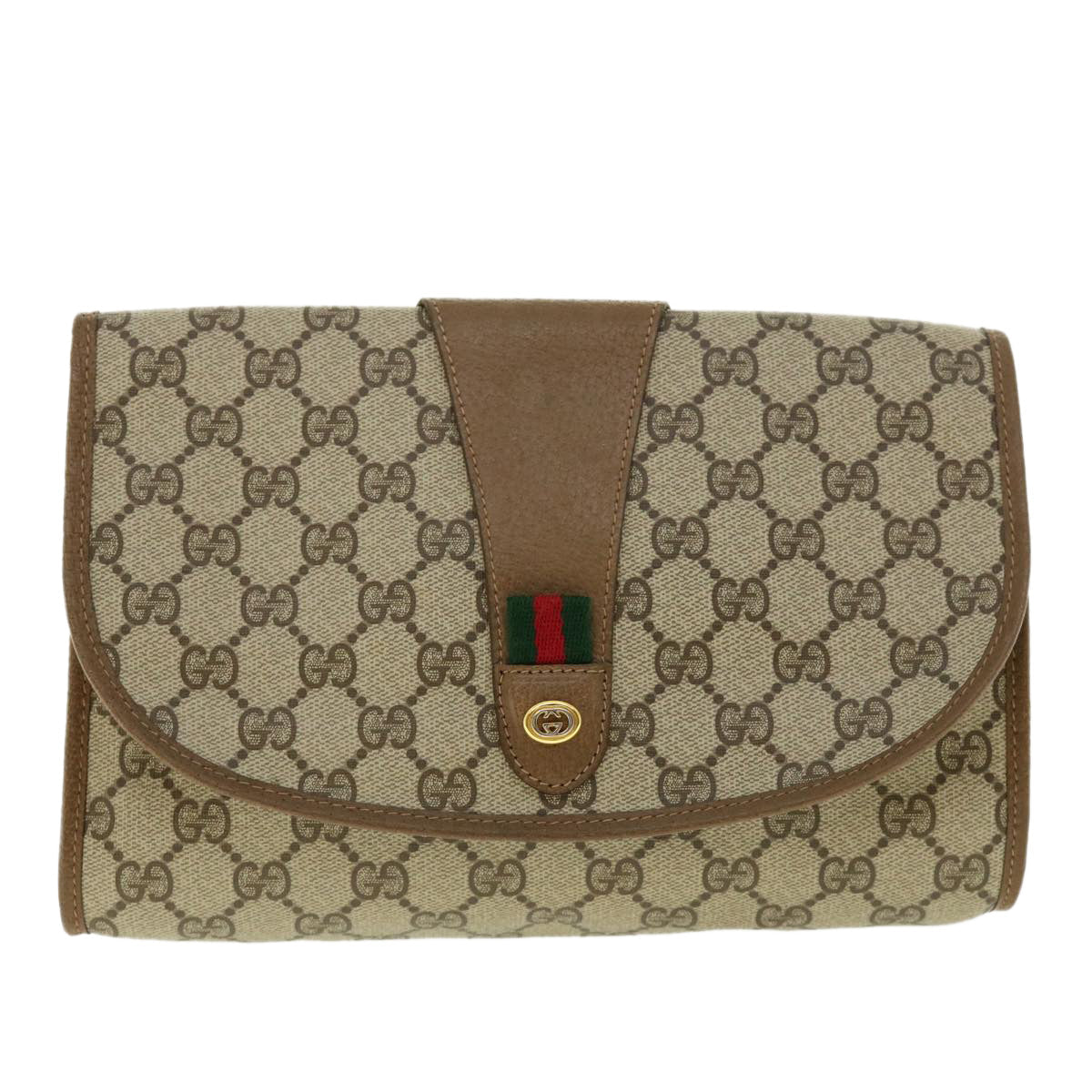 GUCCI Web Sherry Line GG Canvas Clutch Bag PVC Leather Beige Green 39950