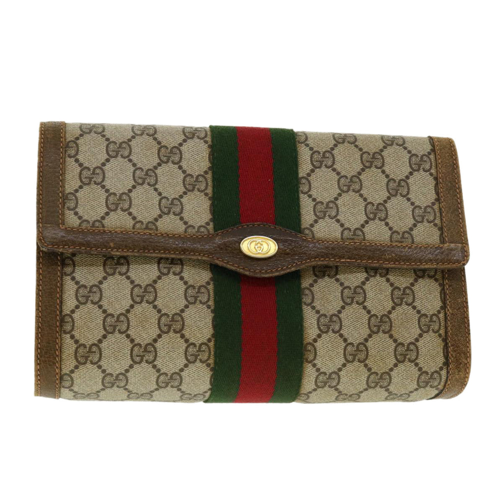 GUCCI Web Sherry Line GG Canvas Clutch Bag PVC Leather Beige Green 39956