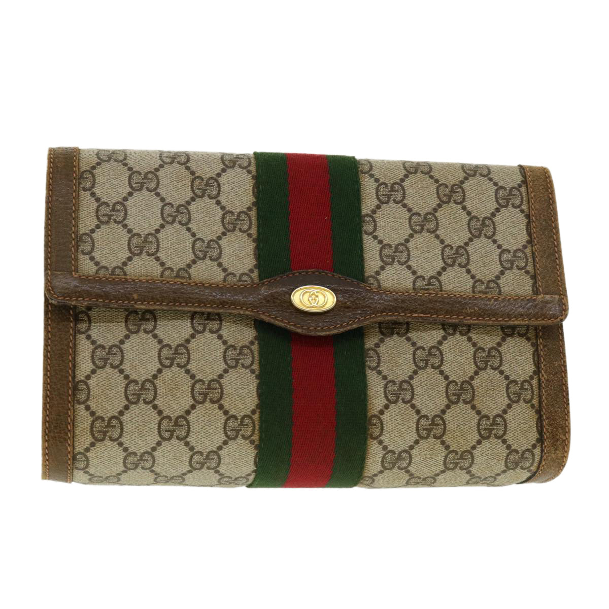 GUCCI Web Sherry Line GG Canvas Clutch Bag PVC Leather Beige Green 39956