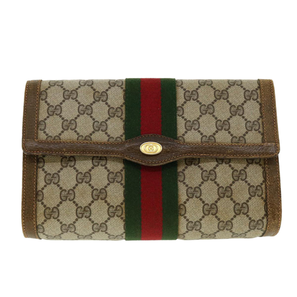 GUCCI Web Sherry Line GG Canvas Clutch Bag PVC Leather Beige Green 39956