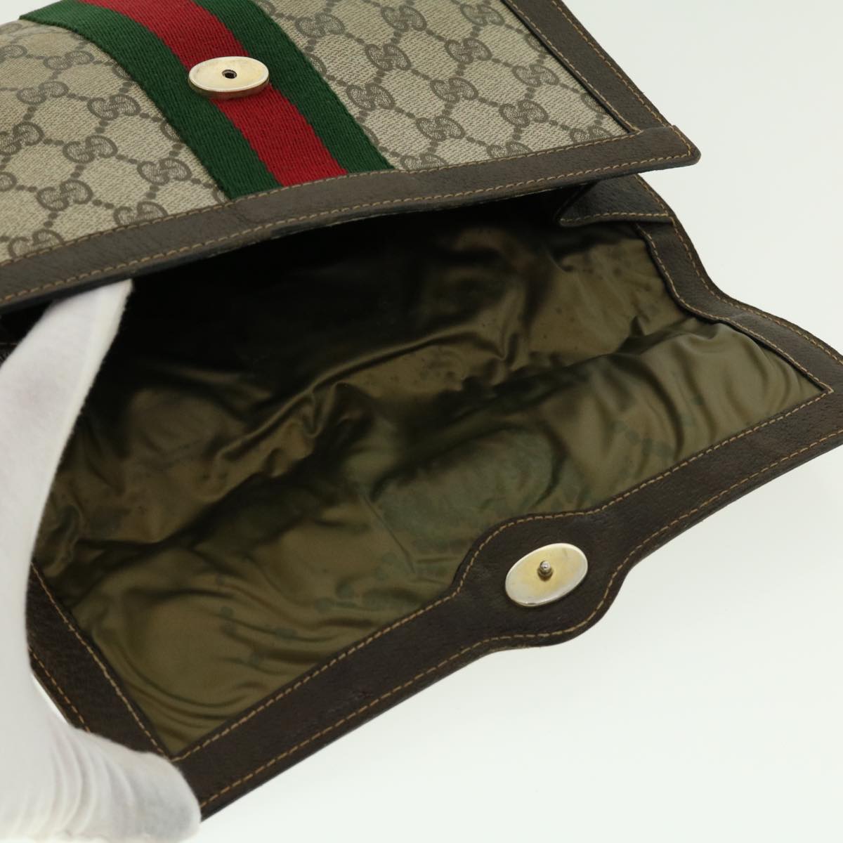 GUCCI Web Sherry Line GG Canvas Clutch Bag PVC Leather Beige Green 39958