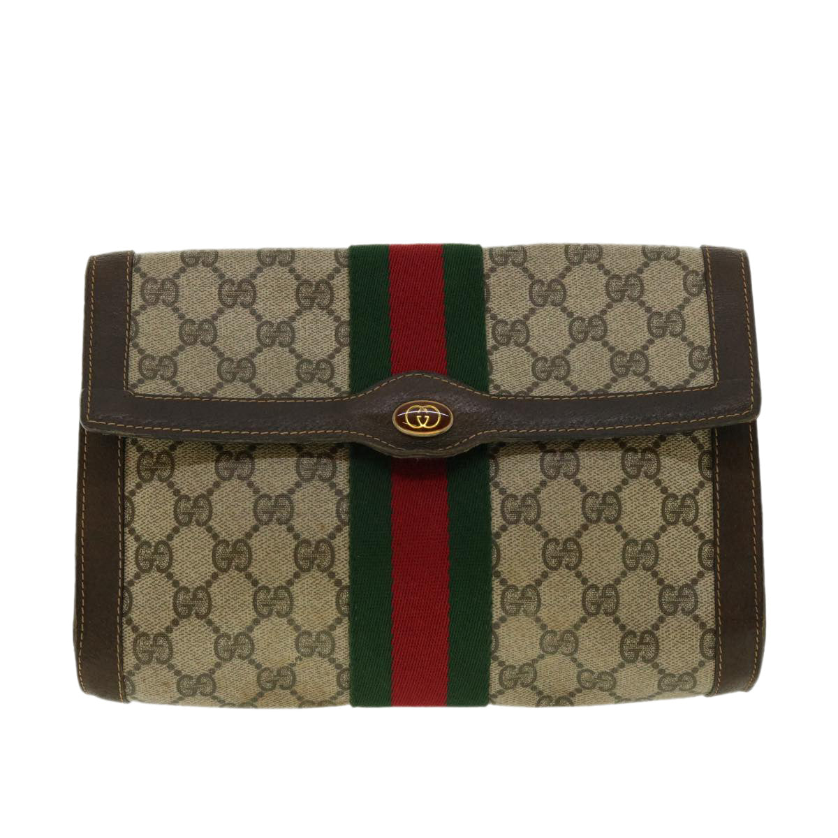 GUCCI Web Sherry Line GG Canvas Clutch Bag PVC Leather Beige Green 39958