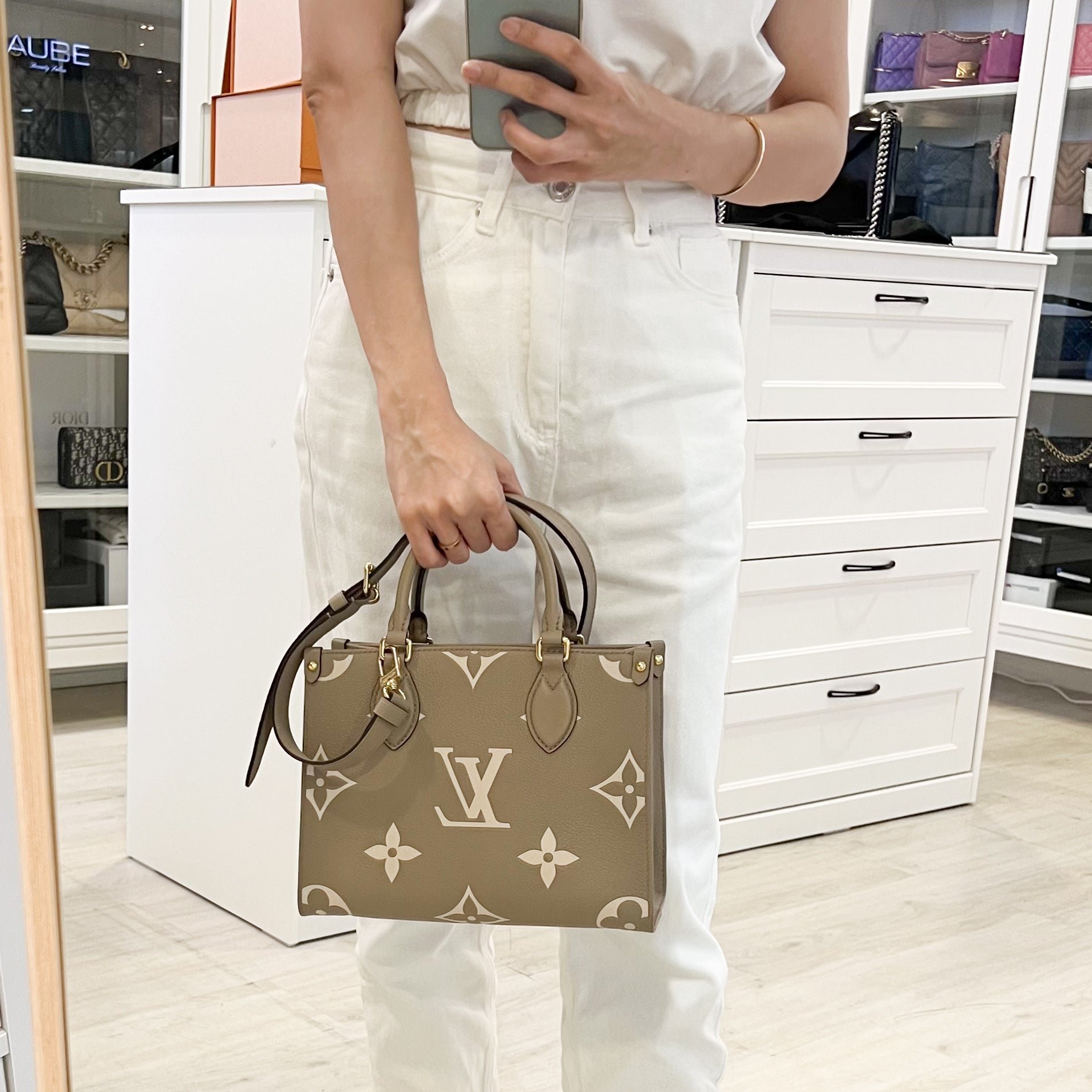 LV Onthego PM in Tourterelle (Grey) / Creme Giant Monogram Empreinte Leather and GHW