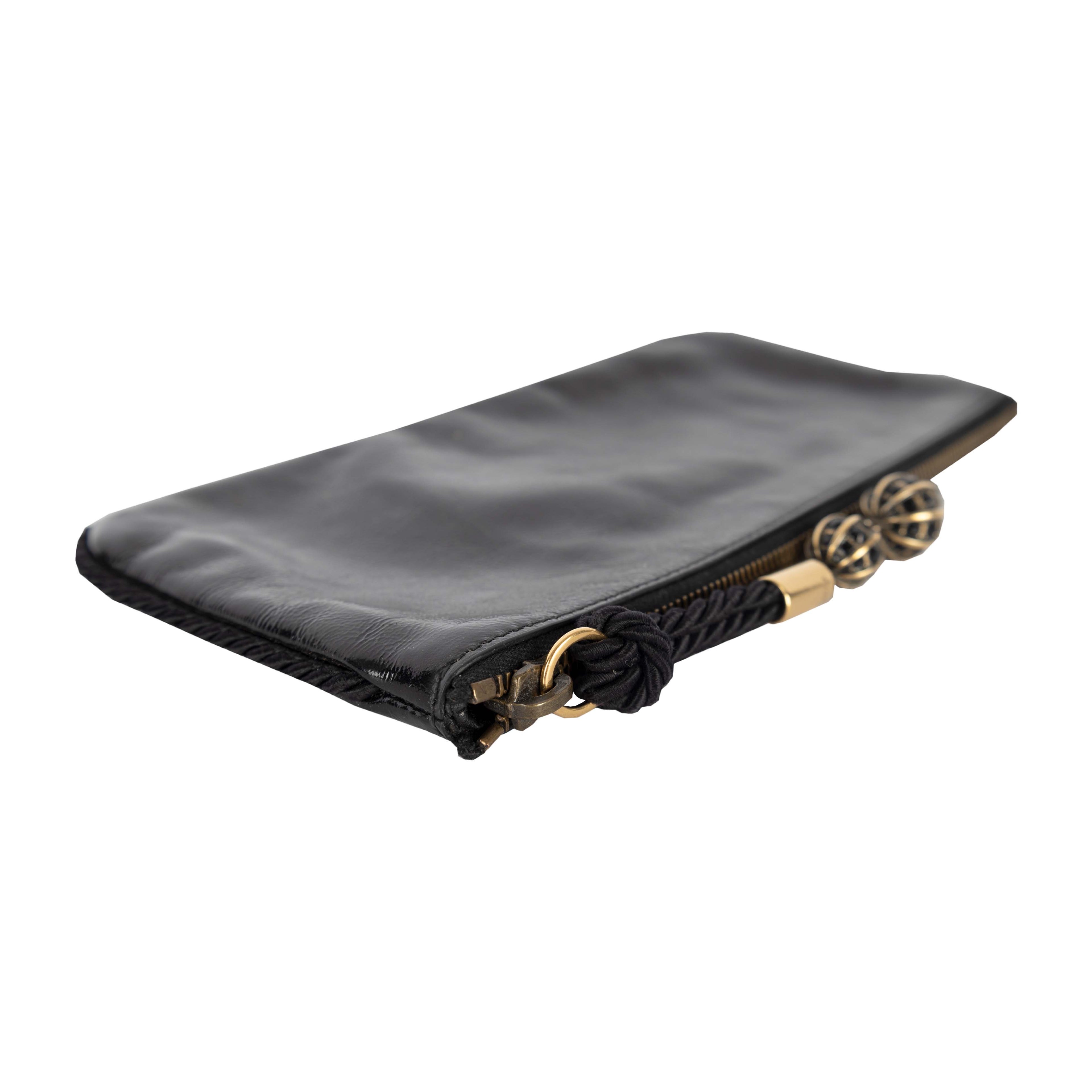 Gucci Shiny Leather Clutch with Braided Trim & Tassel - '10s