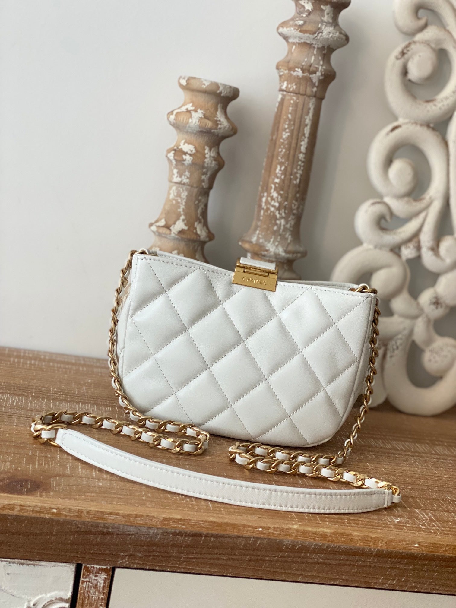 CHLSmall Hobo Bag Gold Hardware White For Women, Women’s Handbags, Shoulder Bags 7.5in/19cm