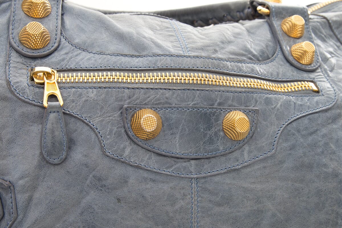 Balenciaga Blue Crinkled Leather & Gold Work Tote