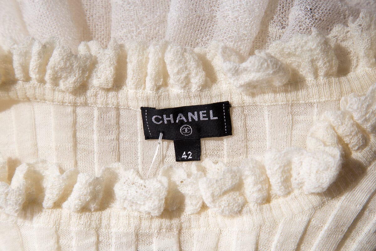Chanel Ivory Lace Pattern Sleeves Ribbed Blouse SZ 42