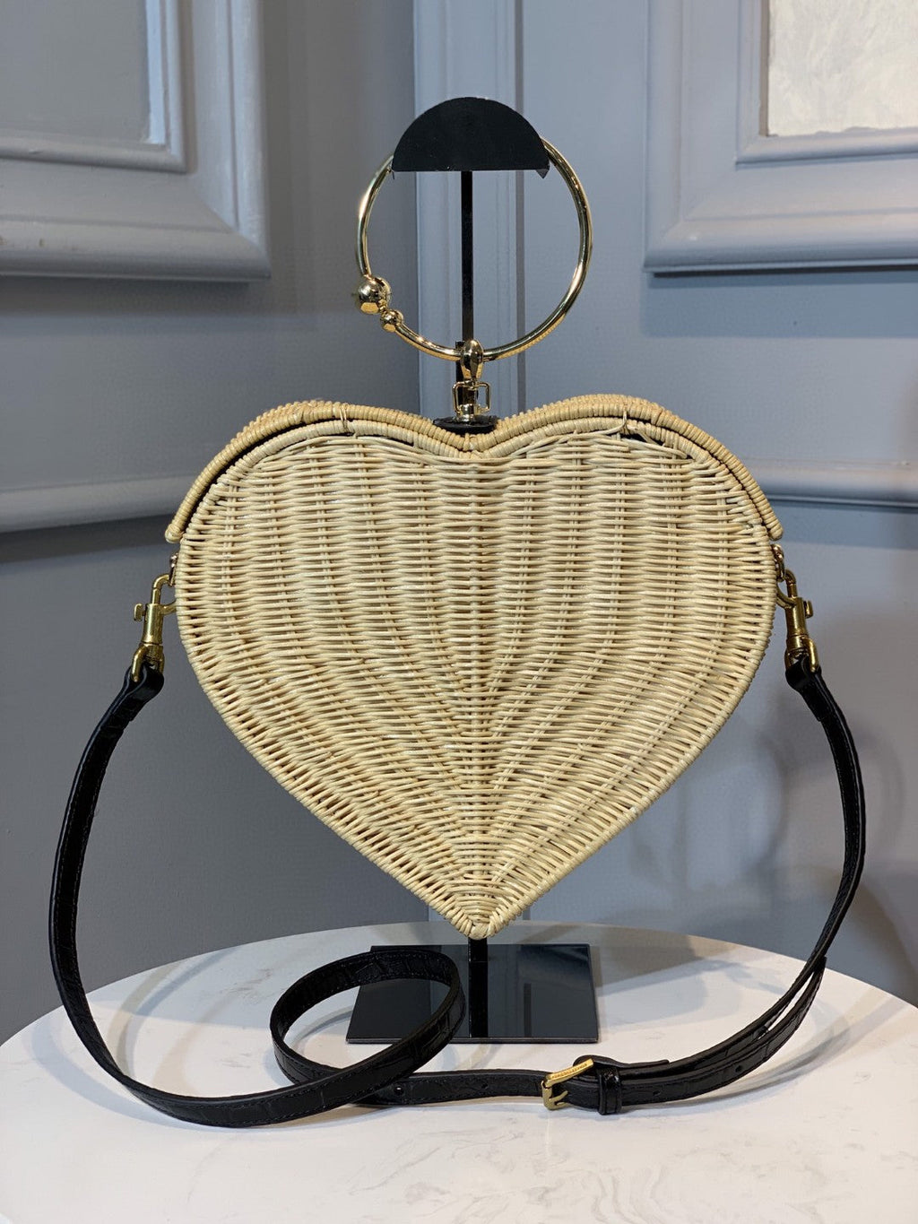 DG Devotion Crystal Heart Wicker Top Handle Bag Beige For Women 10in/26cm DG