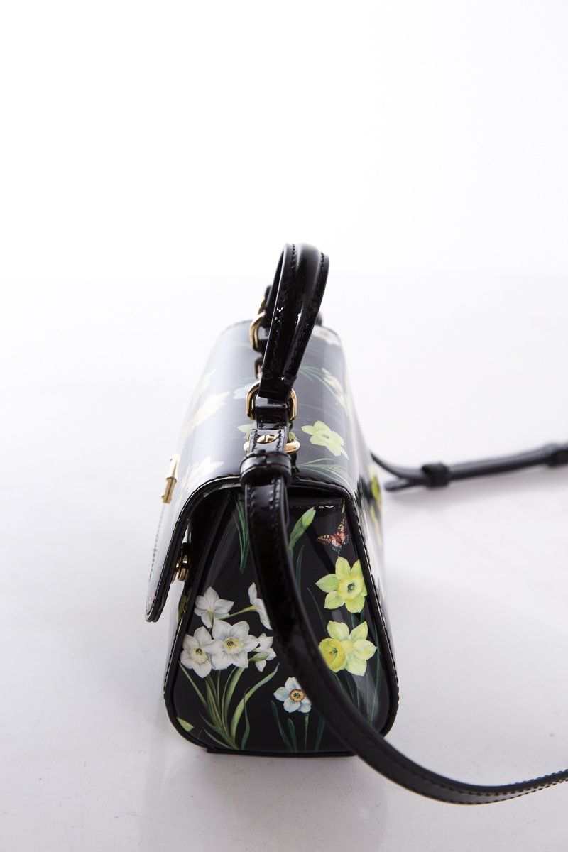 Dolce & Gabbana Black & Yellow Patent Leather Floral Motif Crossbody Bag